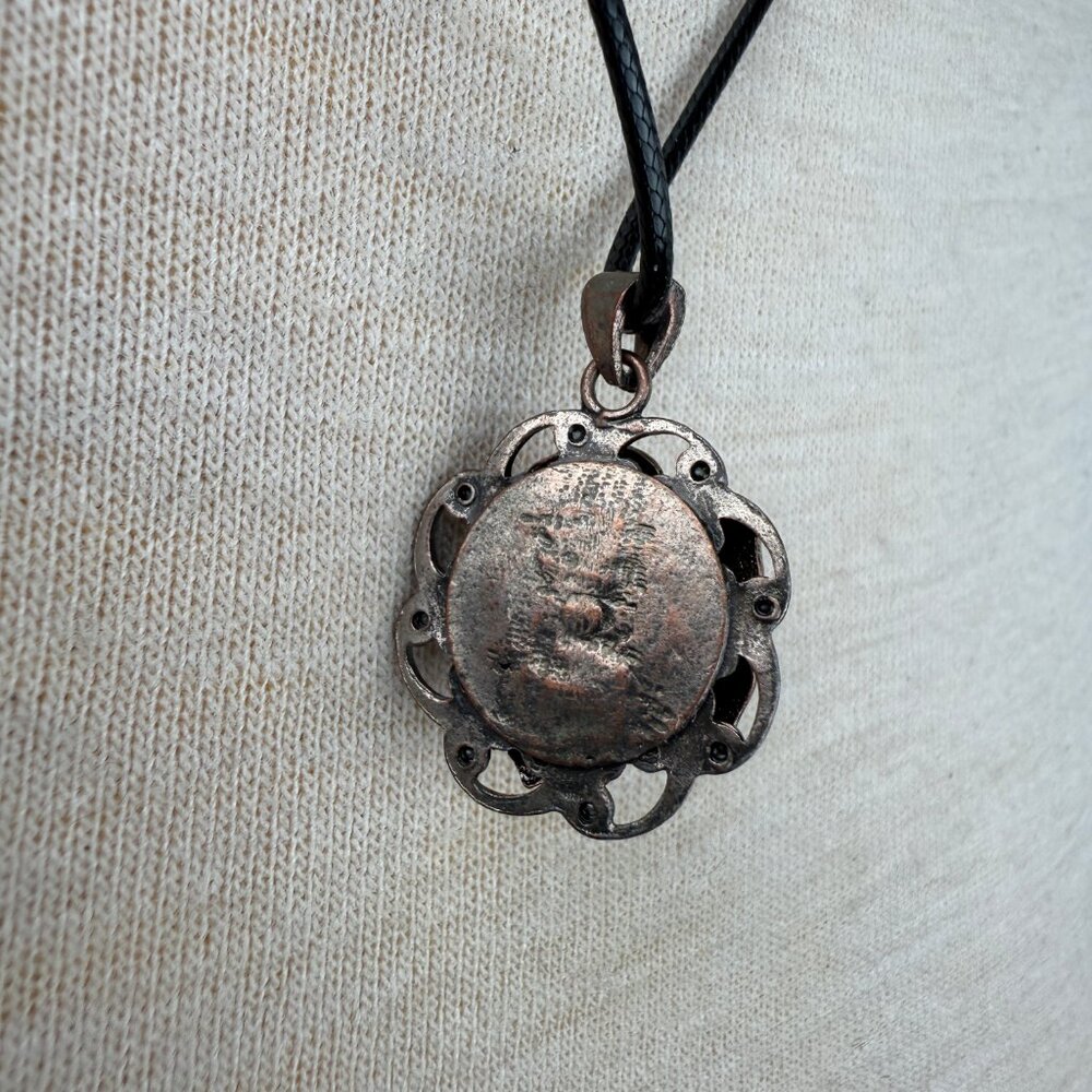 Copper Pink Enamel Rhinestone Flower Pendant Black Cord 22.5" - Picture 5 of 6